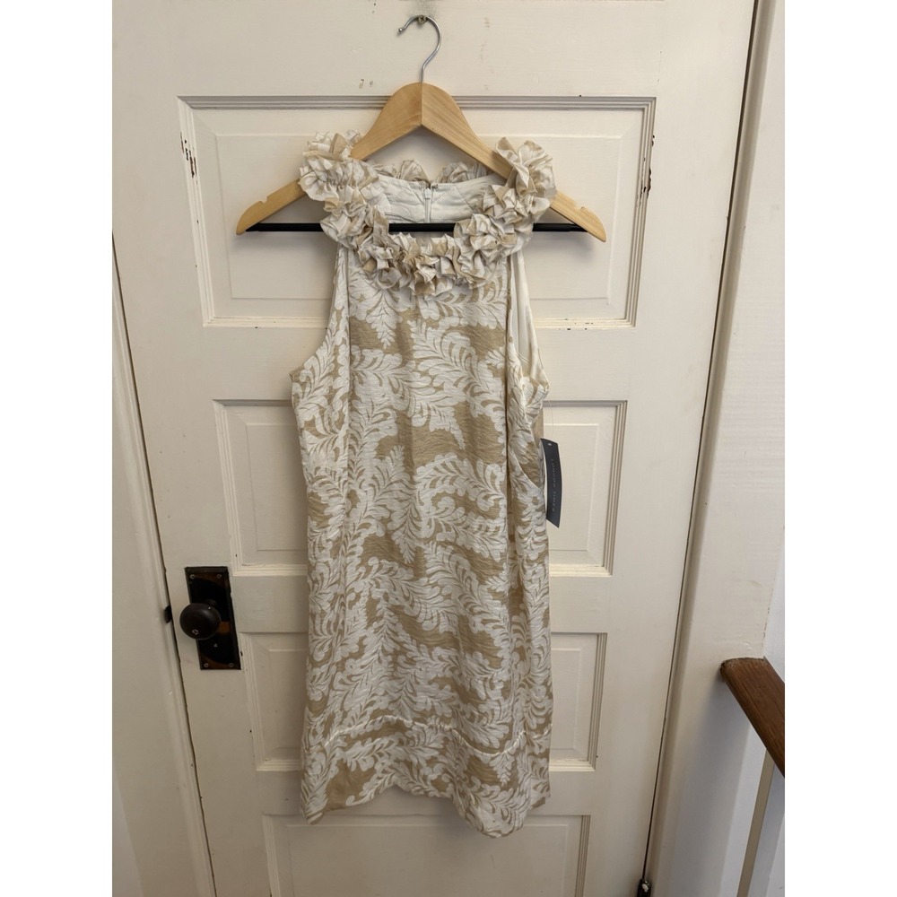 London Times Women's Tan Floral Halter Ruffled Neck Dress Cocktail Size 10 New